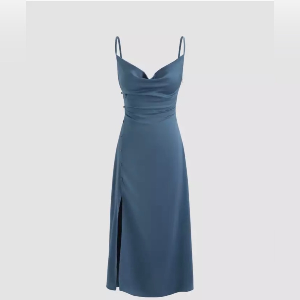 Cider: Solid Cowl Neck Slit Midi Dress